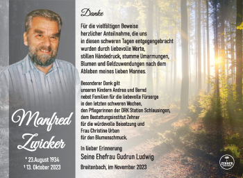 Traueranzeige von Manfred Zwicker von Südthüringer Presse