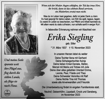 Traueranzeige von Erika Siegling von Südthüringer Presse