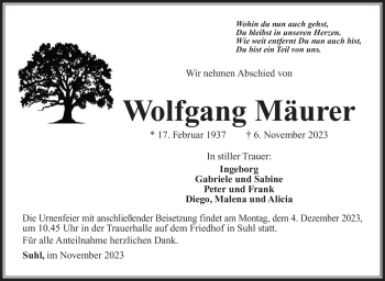 Traueranzeige von Wolfgang Mäurer von Südthüringer Presse