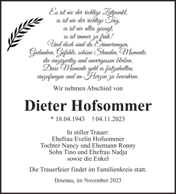 Traueranzeige von Dieter Hofsommer von Südthüringer Presse