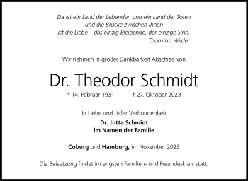Traueranzeige von Theodor Schmidt von Neue Presse Coburg
