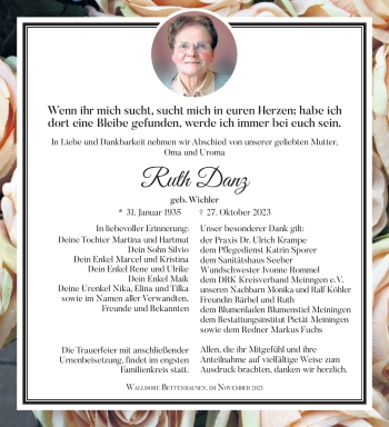 Traueranzeige von Ruth Danz von Südthüringer Presse