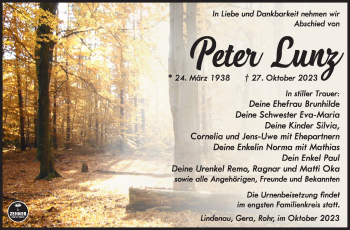 Traueranzeige von Peter Lunz von Südthüringer Presse