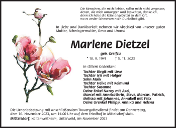 Traueranzeige von Marlene Dietzel von Südthüringer Presse
