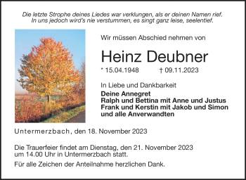 Traueranzeige von Heinz Deubner von Neue Presse Coburg