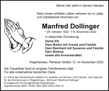 Traueranzeige von Manfred Dollinger von Frankenpost
