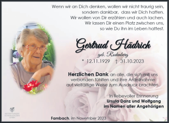 Traueranzeige von Gertrud Hädrich von Südthüringer Presse