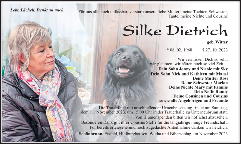 Traueranzeige für Silke Dietrich vom 04.11.2023 aus Südthüringer Presse