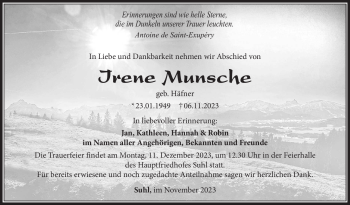 Traueranzeige von Irene Munsche von Südthüringer Presse