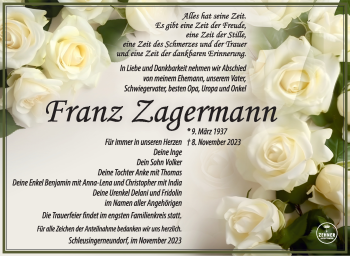 Traueranzeige von Franz Zagermann von Südthüringer Presse