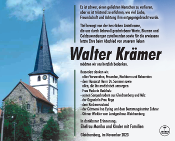 Traueranzeige von Walter Krämer von Südthüringer Presse