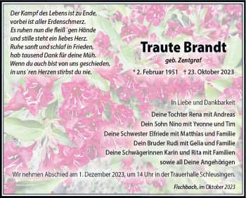 Traueranzeige von Traute Brandt von Südthüringer Presse