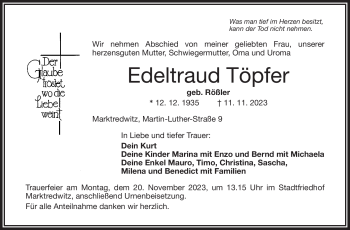 Traueranzeige von Edeltraud Töpfer von Frankenpost