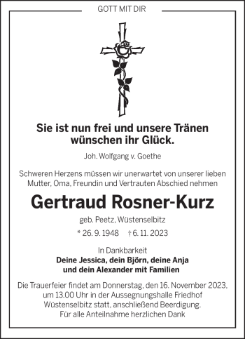 Traueranzeige von Gertraud Rosner-Kurz von Frankenpost