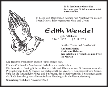 Traueranzeige von Edith Wendel von Südthüringer Presse