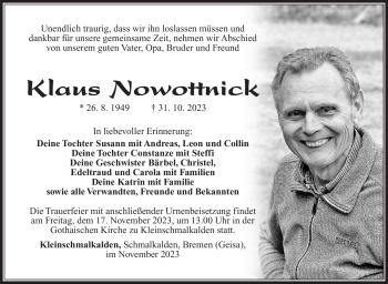 Traueranzeige von Klaus Nowottnick von Südthüringer Presse