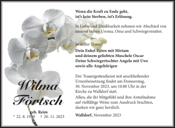 Traueranzeige von Wilma Förtsch von Südthüringer Presse