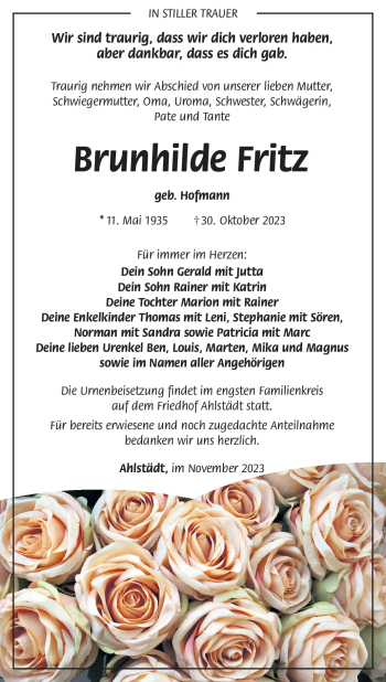 Traueranzeige von Brunhilde Fritz von Südthüringer Presse
