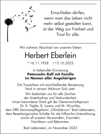 Traueranzeige von Herbert Eberlein von Südthüringer Presse