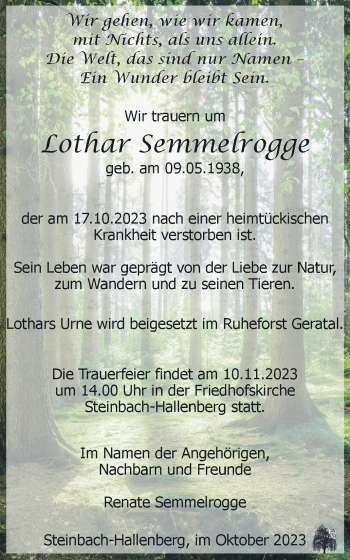 Traueranzeige von Lothar Semmelrogge von Südthüringer Presse