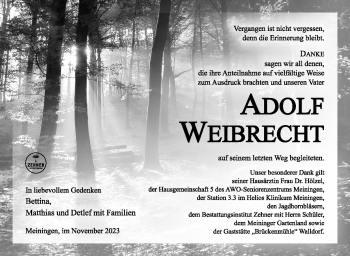 Traueranzeige von Adolf Weibrecht von Südthüringer Presse