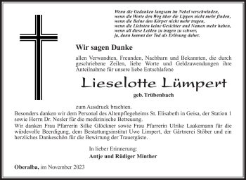 Traueranzeige von Lieselotte Lümpert von Südthüringer Presse