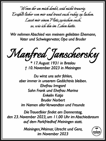 Traueranzeige von Manfred Janschersky von Südthüringer Presse