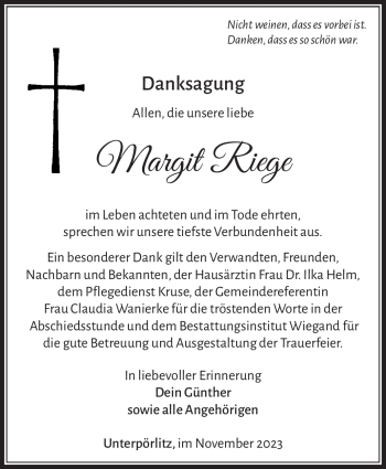 Traueranzeige von Margit Riege von Südthüringer Presse