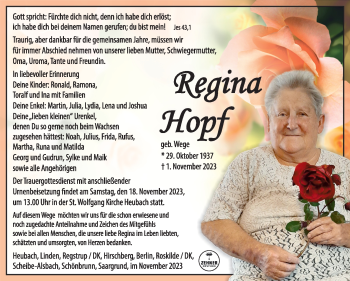 Traueranzeige von Regina Hopf von Südthüringer Presse