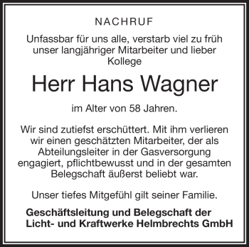 Traueranzeige von Hans Wagner von Frankenpost