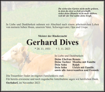 Traueranzeige von Gerhard Dives von Südthüringer Presse