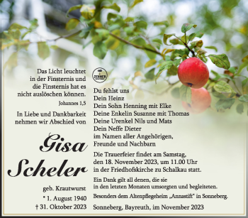 Traueranzeige von Gisa Scheler von Südthüringer Presse