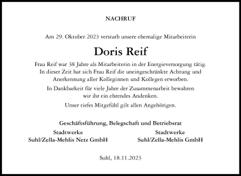 Traueranzeige von Doris Reif von Südthüringer Presse