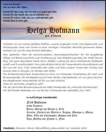 Traueranzeige von Helga Hofmann von Südthüringer Presse