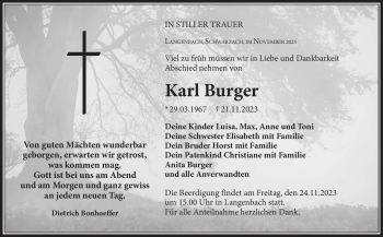 Traueranzeige von Karl Burger von Frankenpost