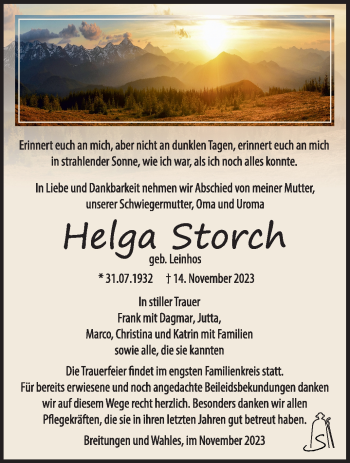 Traueranzeige von Helga Storch von Südthüringer Presse