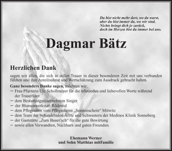 Traueranzeige von Dagmar Bätz von Südthüringer Presse