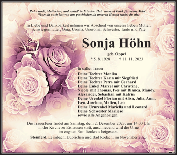 Traueranzeige von Sonja Höhn von Südthüringer Presse