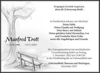 Traueranzeige von Manfred Trott von Südthüringer Presse