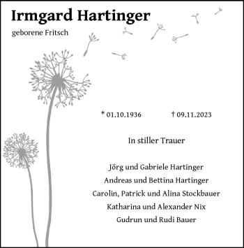 Traueranzeige von Irmgard Hartinger von Frankenpost