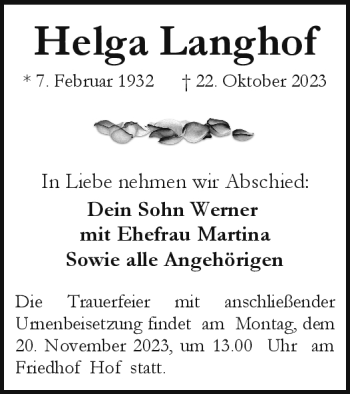 Traueranzeige von Helga Langhof von Frankenpost