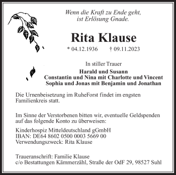 Traueranzeige von Rita Klause von Südthüringer Presse