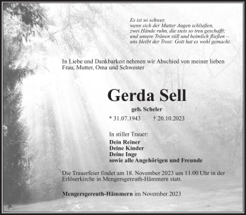 Traueranzeige von Gerda Sell von Südthüringer Presse