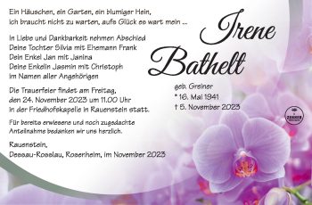Traueranzeige von Irene Bathelt von Südthüringer Presse