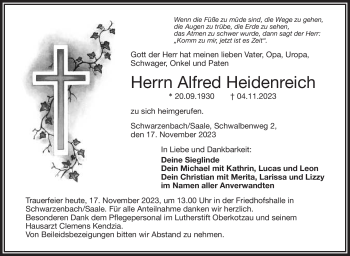 Traueranzeige von Alfred Heidenreich von Frankenpost