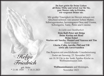 Traueranzeige von Helga Friedrich von Südthüringer Presse