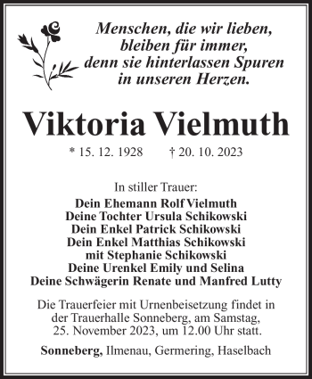 Traueranzeige von Viktoria Vielmuth von Südthüringer Presse