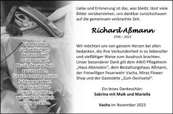 Traueranzeige von Richard Aßmann von Südthüringer Presse