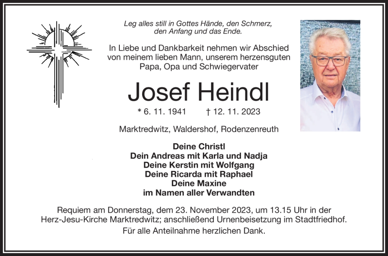  Traueranzeige für Josef Heindl vom 21.11.2023 aus Frankenpost