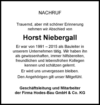 Traueranzeige von Horst Niebergall von Südthüringer Presse